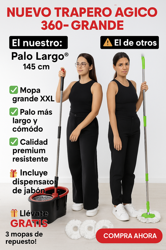 TRAPERO MÁGICO 360°💦 QUE LIMPIA EN SEGUNDOS +3 Mopas GRATIS! Centrífuga y base del trapero en acero inoxidable